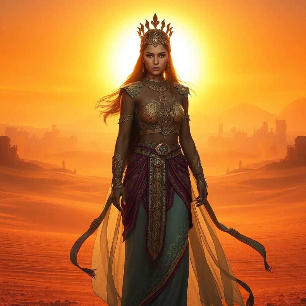 Regal Princess in Majestic Desert Landscape with Ancient Rui...