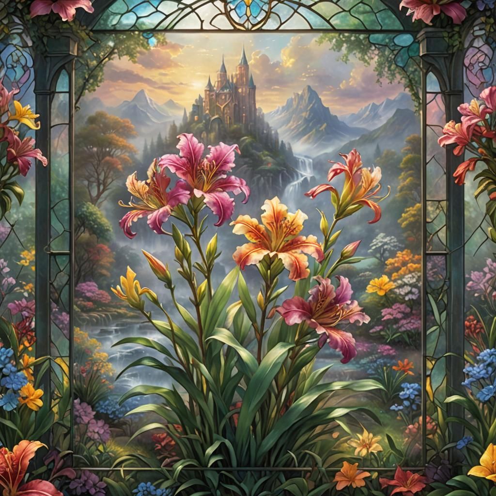 Alstroemeria Flower in Stained Glass, Digital Matte Painting