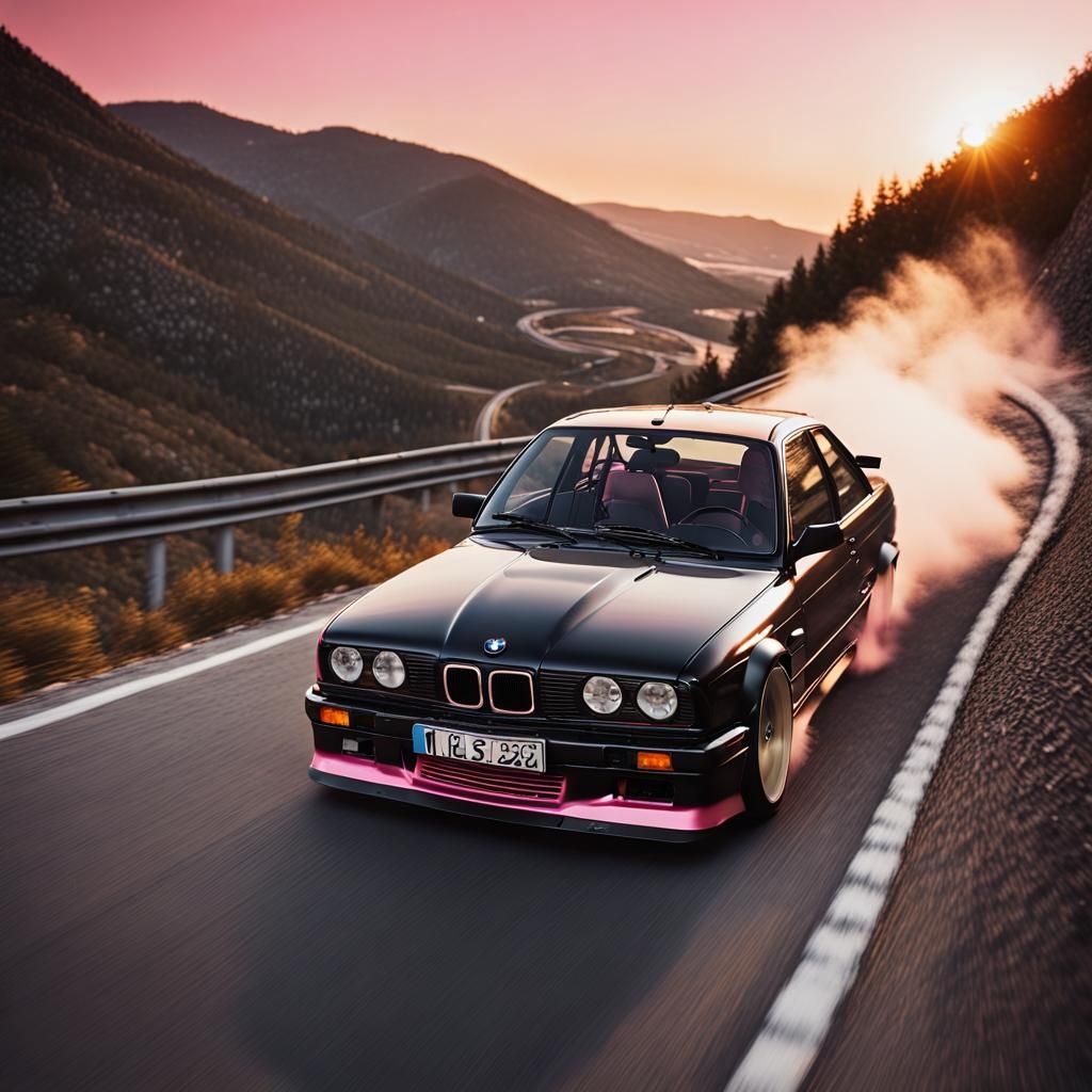 Black BMW M3 E30 Drifting at Sunset