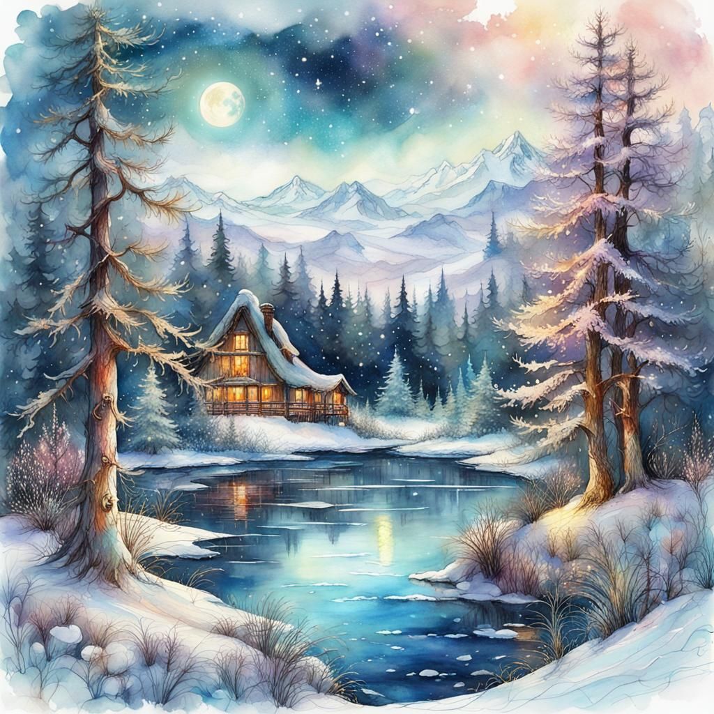 Winter Forest Landscape in Digital Watercolor Style