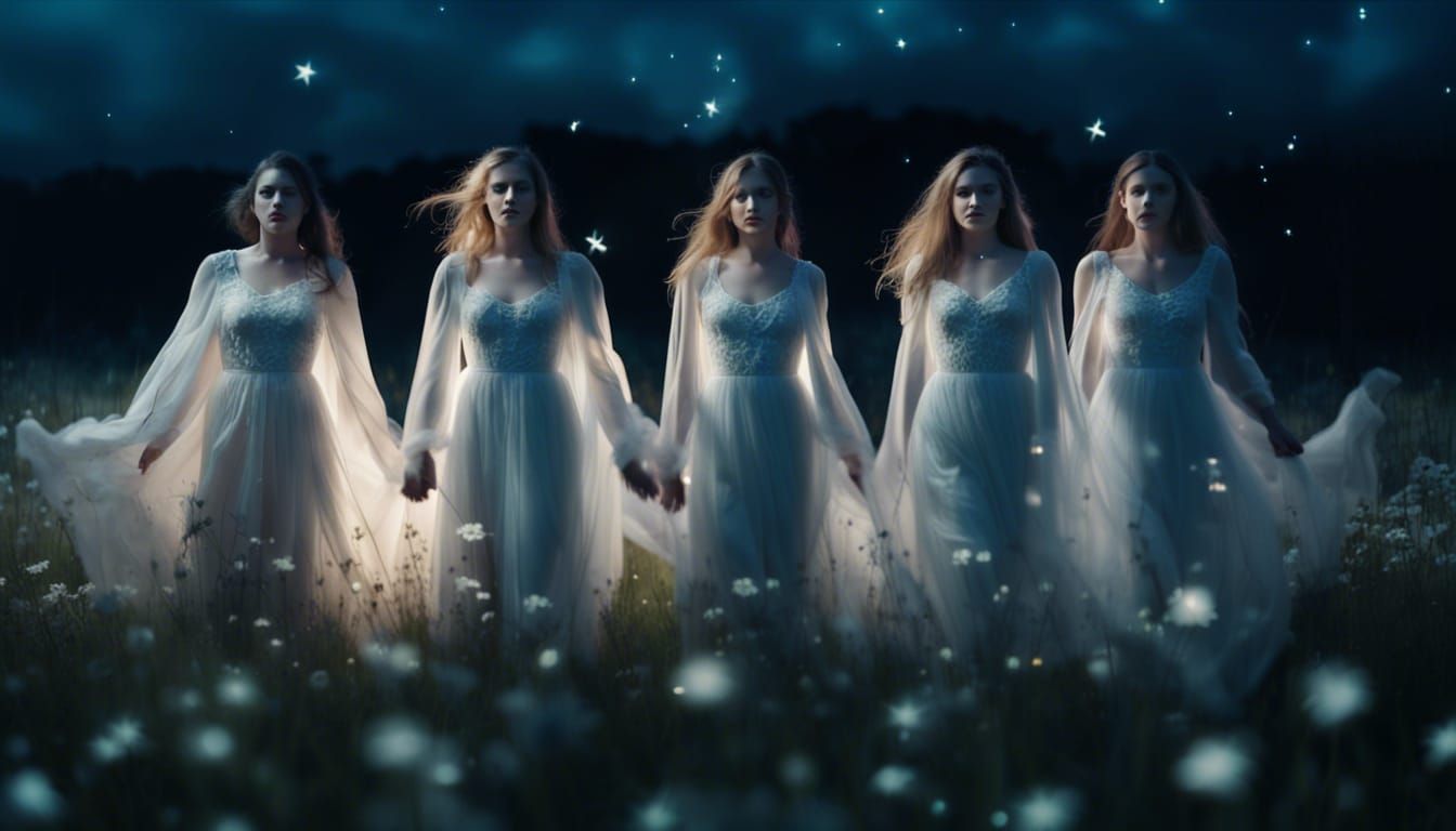 Ethereal Ghost Women Hovering Over Moonlit Meadow