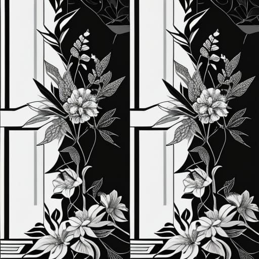 Black and White Floral Tile Mural with Magpie