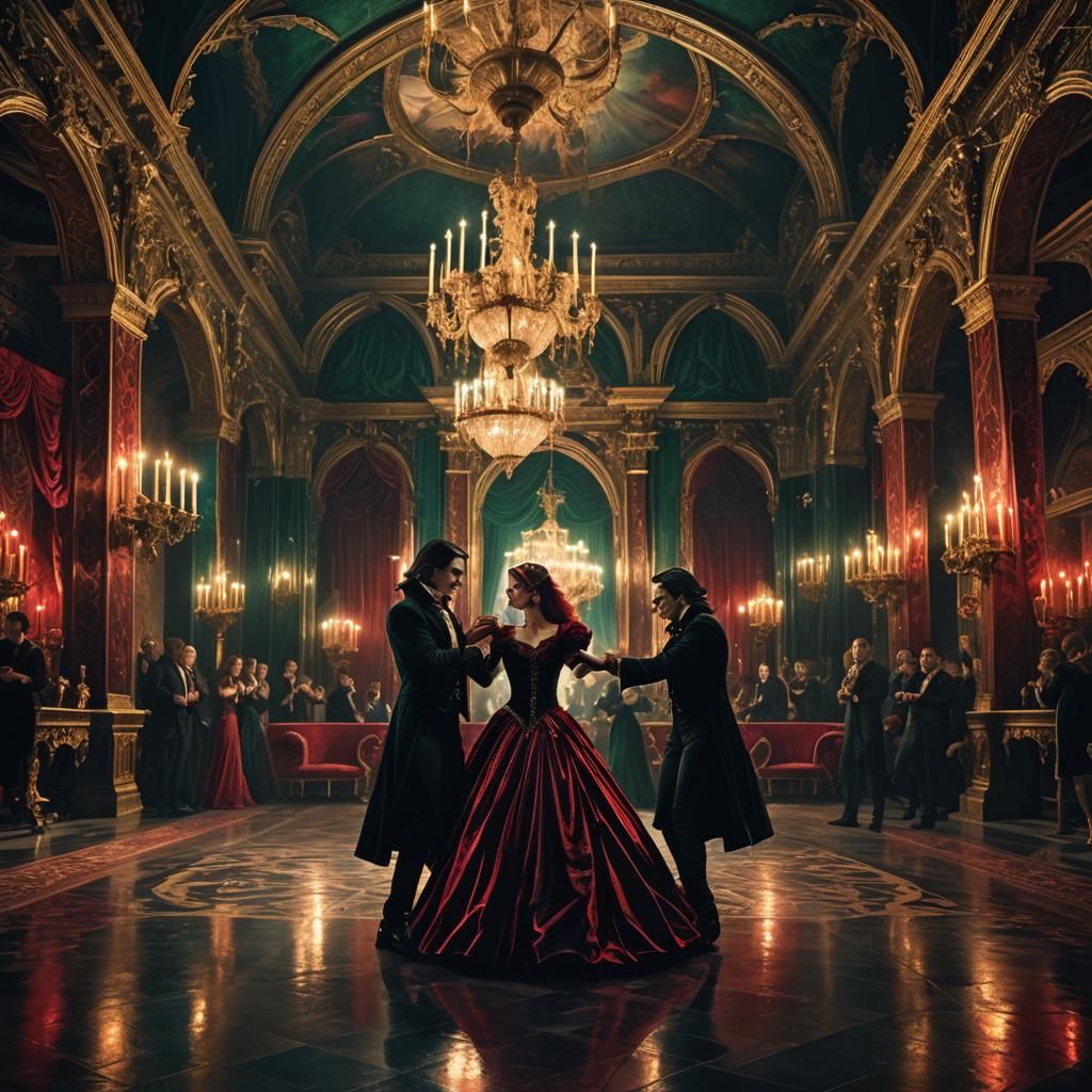 Vampire Couple's Dance in Opulent Ballroom