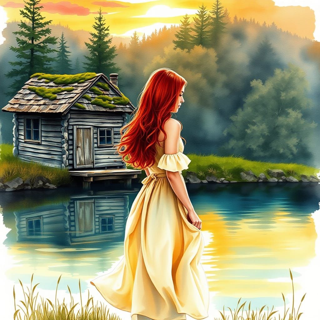 Red-Haired Woman at Sunset: Watercolor Painting