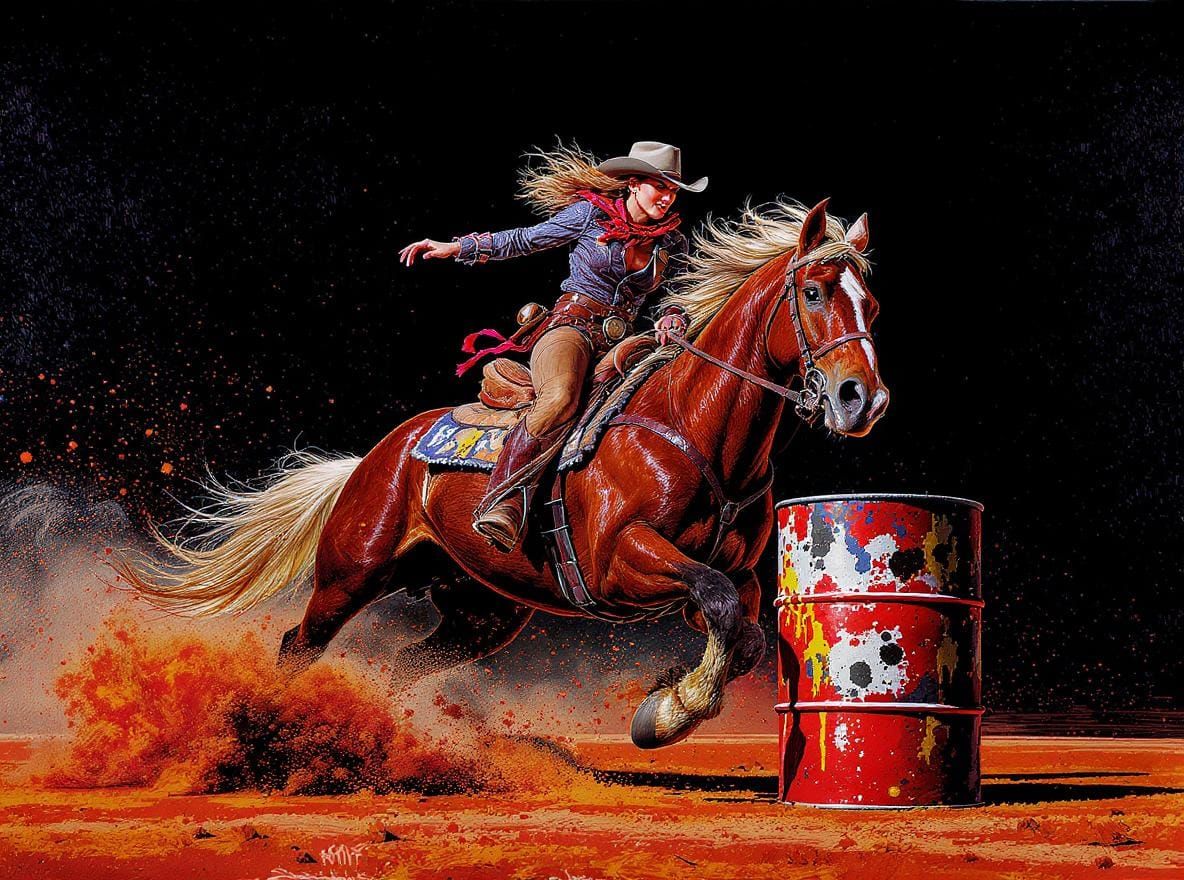 Cowgirl Barrel Racing in Impasto Style
