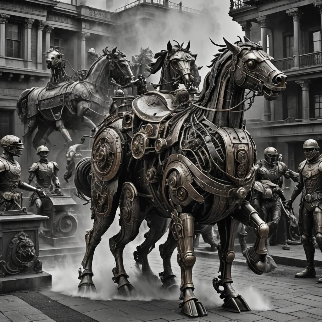 Bronze Robot Horses in Steampunk Black and White