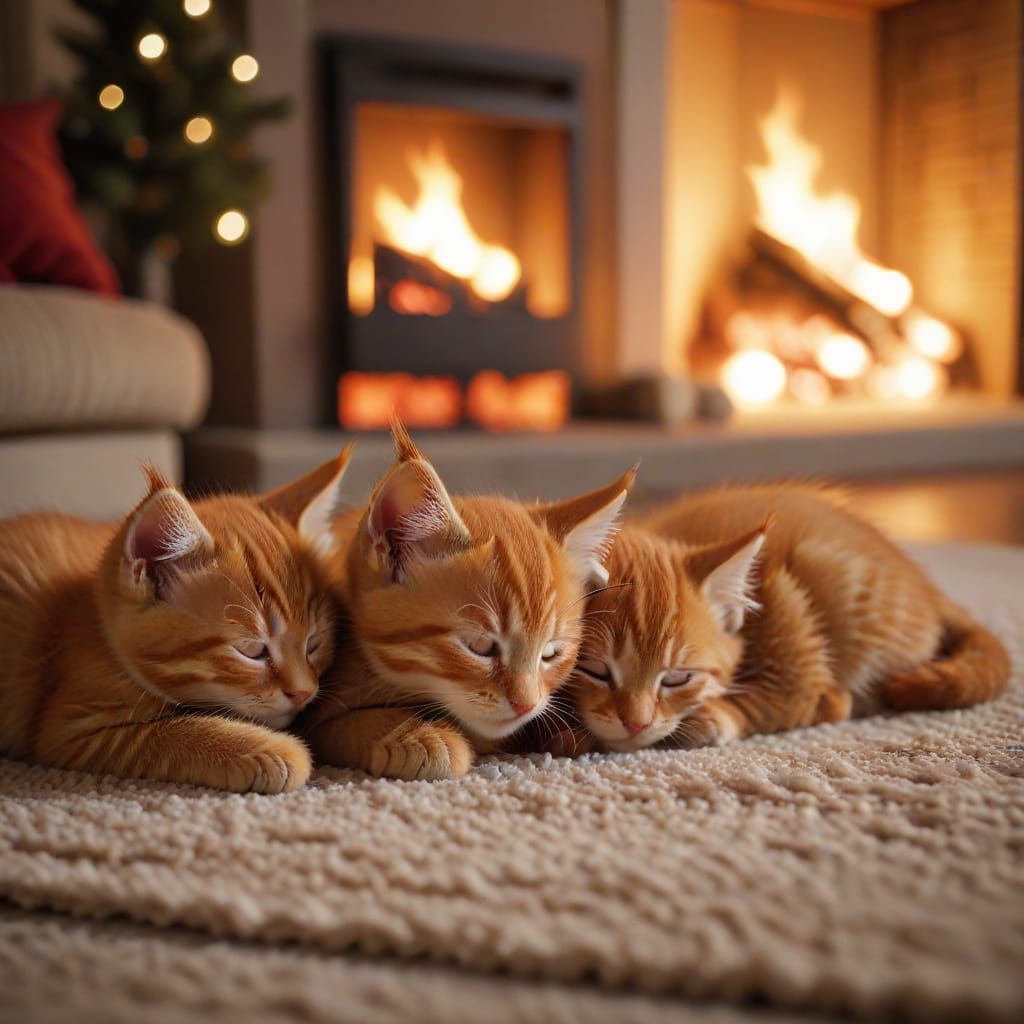 Cozy Christmas: Two Kittens Sleeping by Fireplace