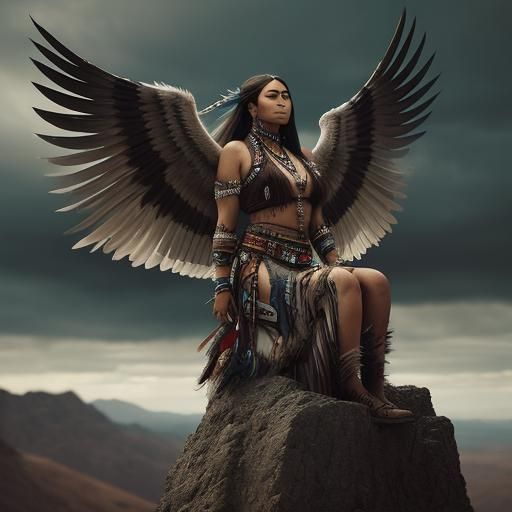 Native American Woman with Wings: Hyperrealistic HDR Portrai...