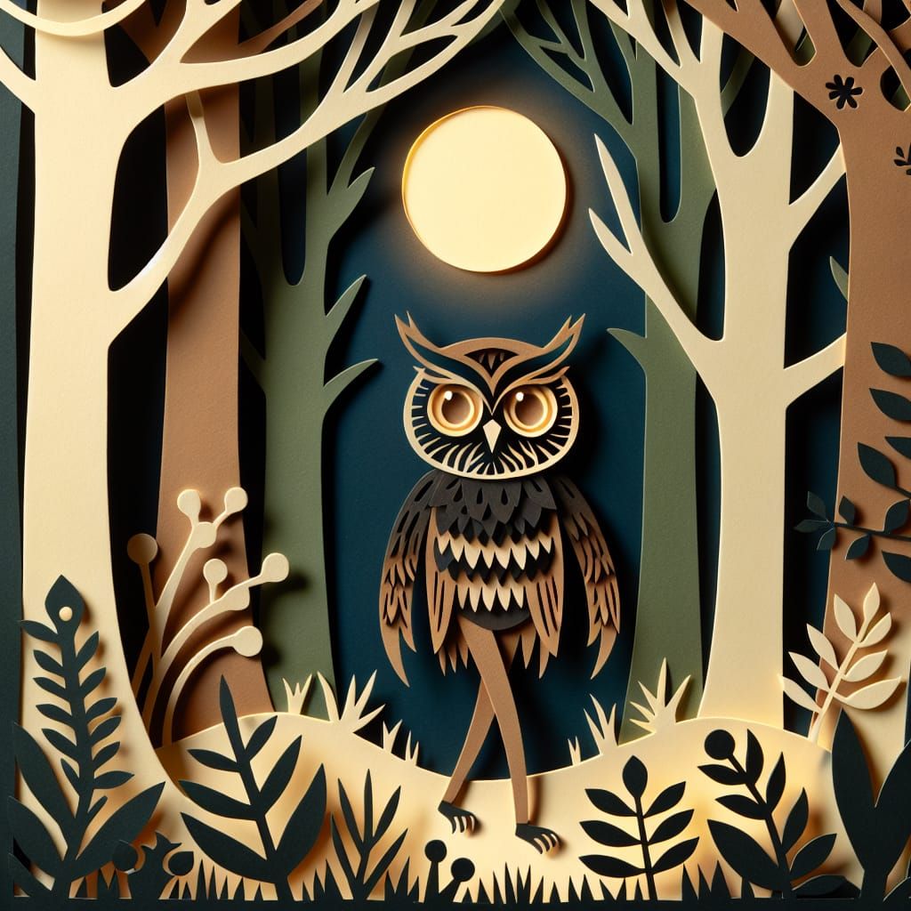 Mystical Owl Figure in Papercut Forest