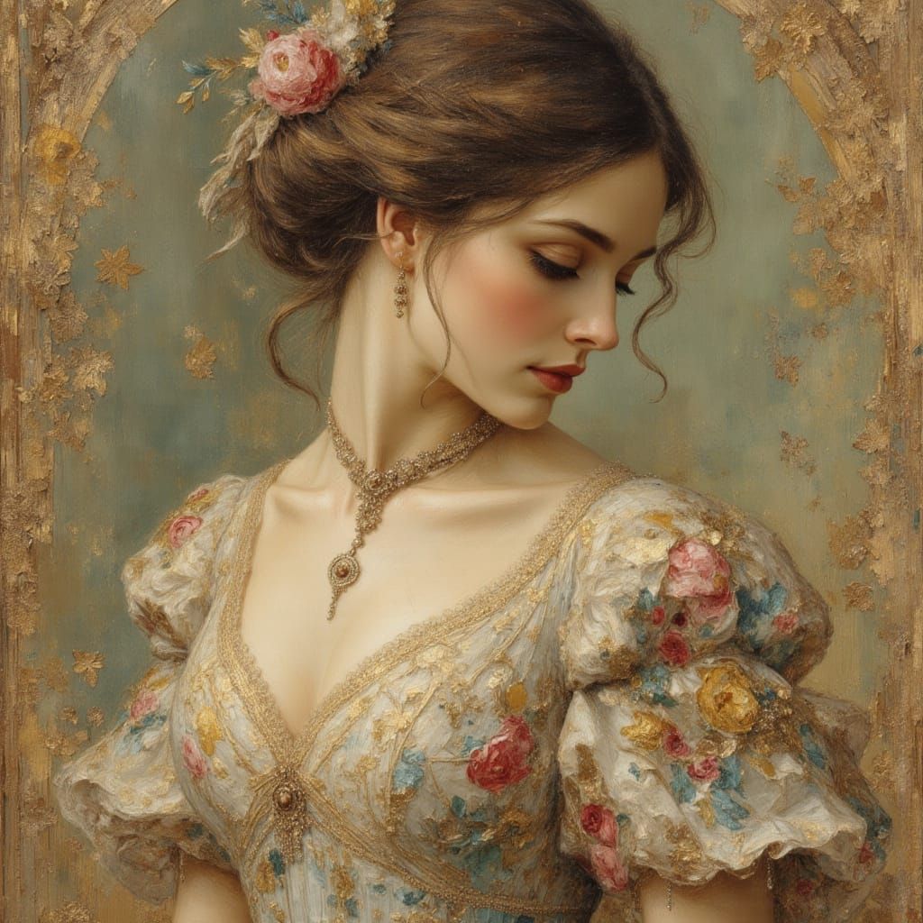 Victorian Lady in Chintz Gown, 3/4 Profile