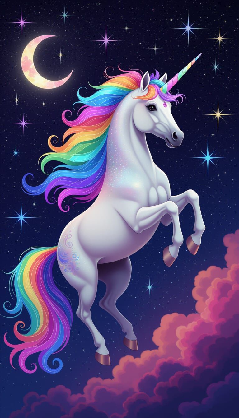 Rainbow Unicorn in Cosmic Night Sky