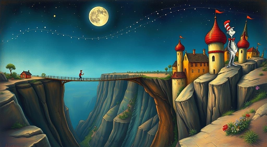 Whimsical Bridge Connects Fantastical Cities Amidst a Deep C...