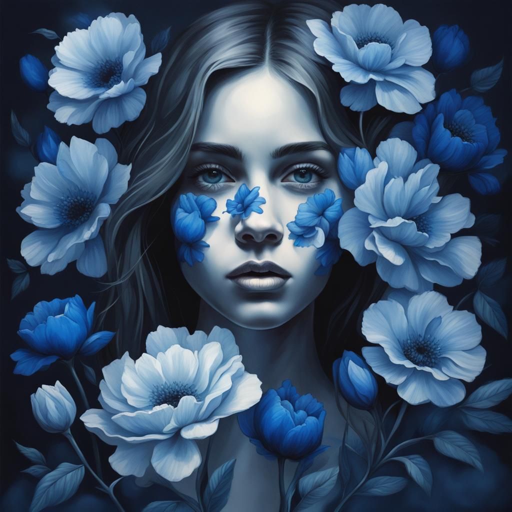 Girl with Blue Flowers: Monochromatic Painting Style