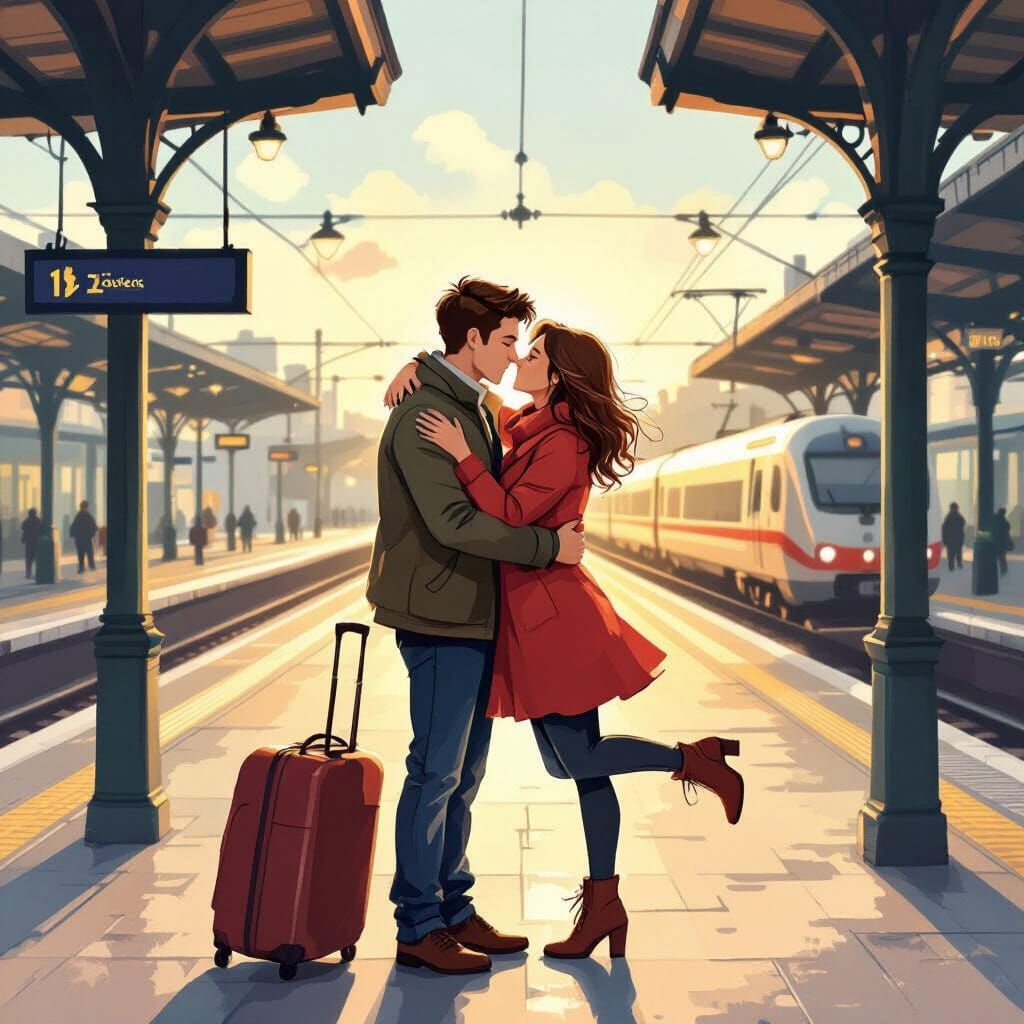 Whimsical Illustration of Couple Saying Goodbye at Station