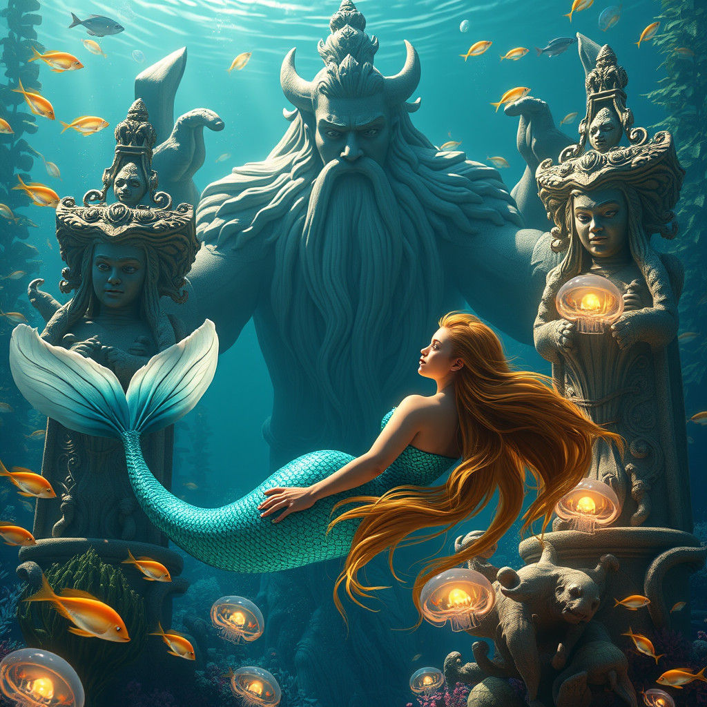 Mermaid's Encounter with Sea God in Underwater Kingdom
