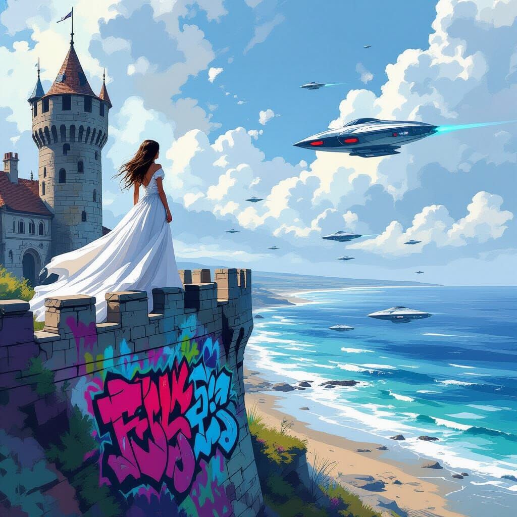 Maiden Watching Spaceships in Graffiti Art Style