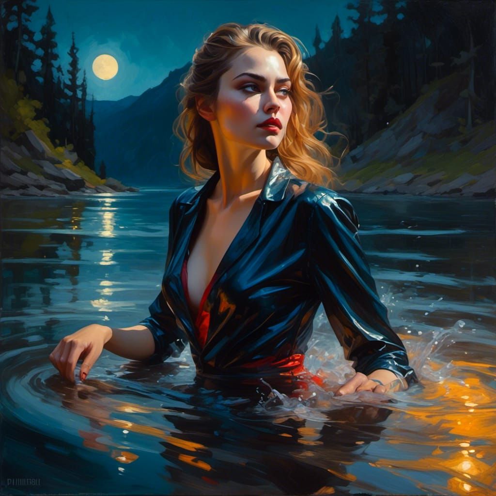 Vampire Emerges from Moonlit Lake in Hyperrealistic Splash A...