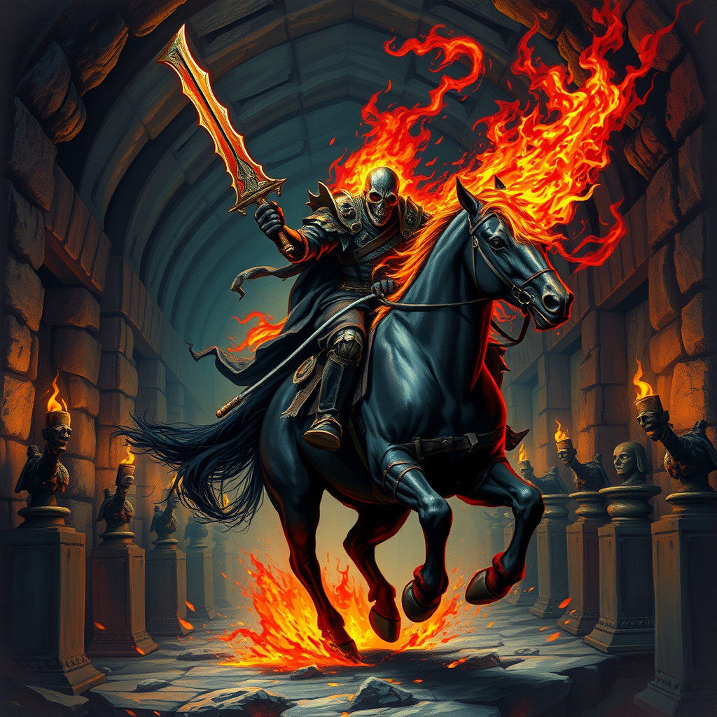 Fiery Gothic Horseman Rides Through Catacombs