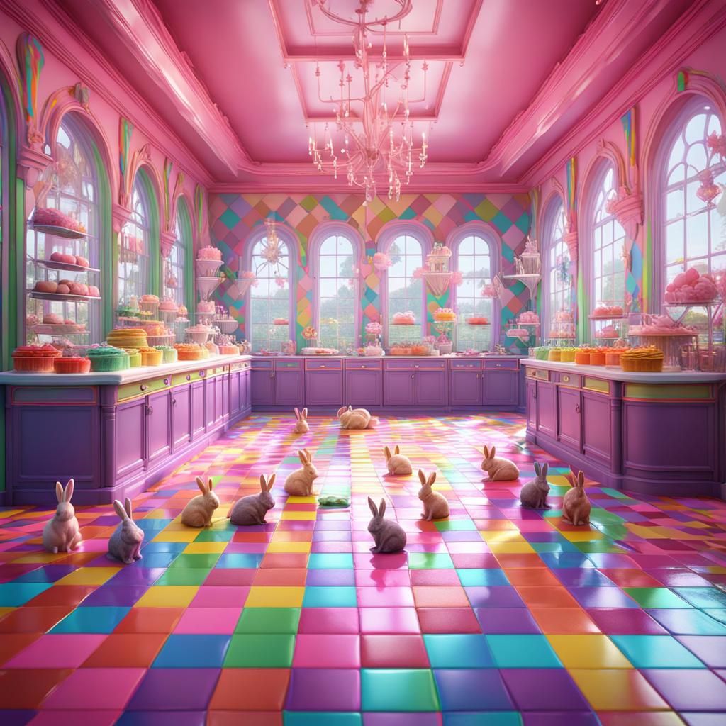 Rainbow Bunnies in a Pink Cake Factory
