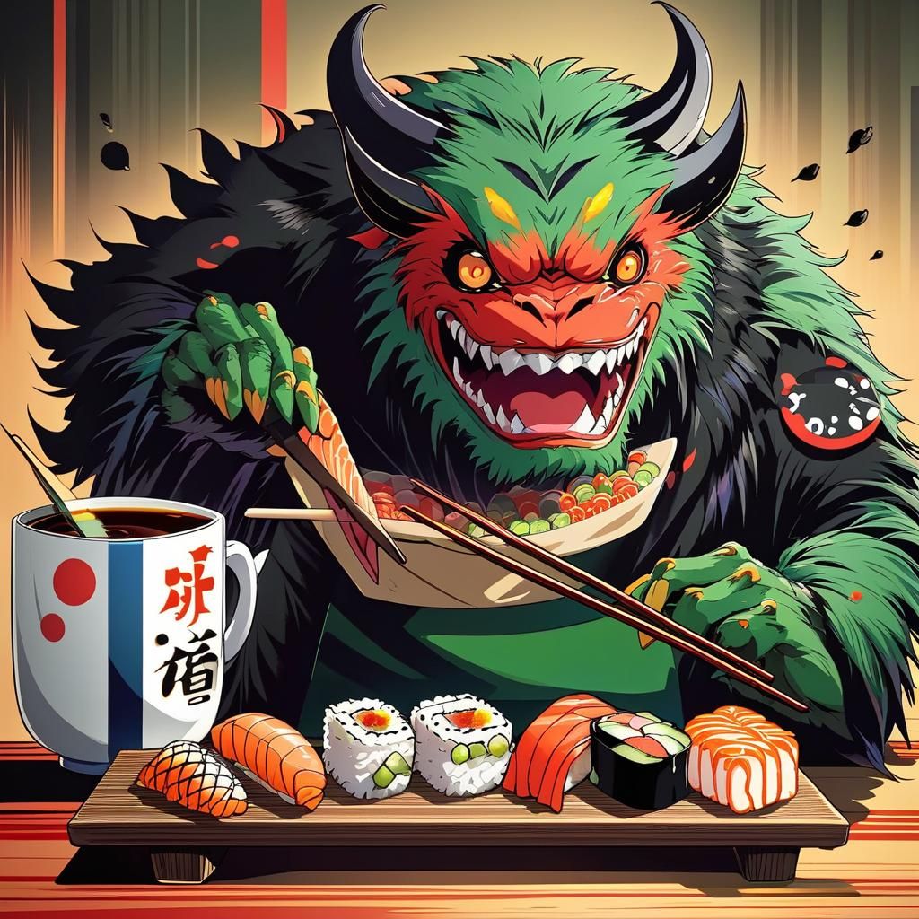 Funny Anime Monster Enjoys Sushi and Tea