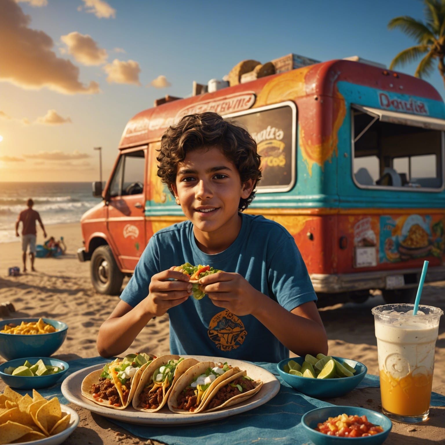 Mexican Boy Eating Tacos at Beach Sunset