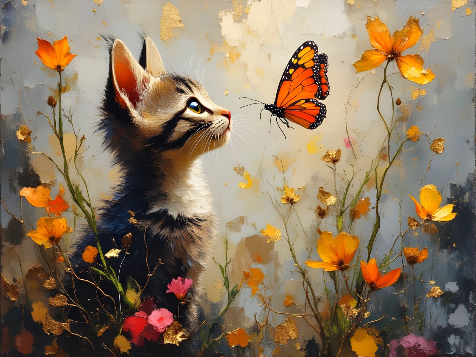 Fuzzy Kitten Gazes at Butterfly in Surreal Impasto Portrait