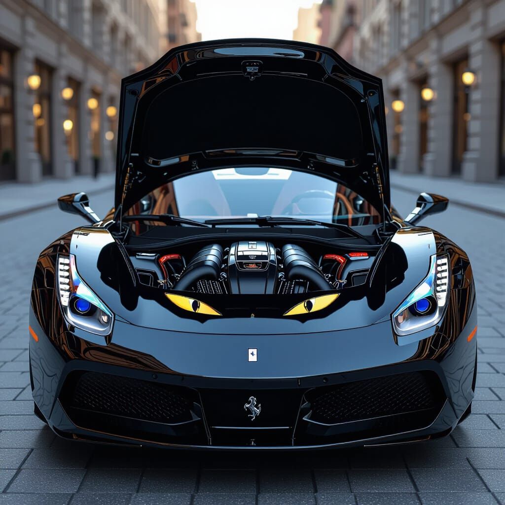 Gleaming Black Ferrari With Cat Eyes Engine Exposed
