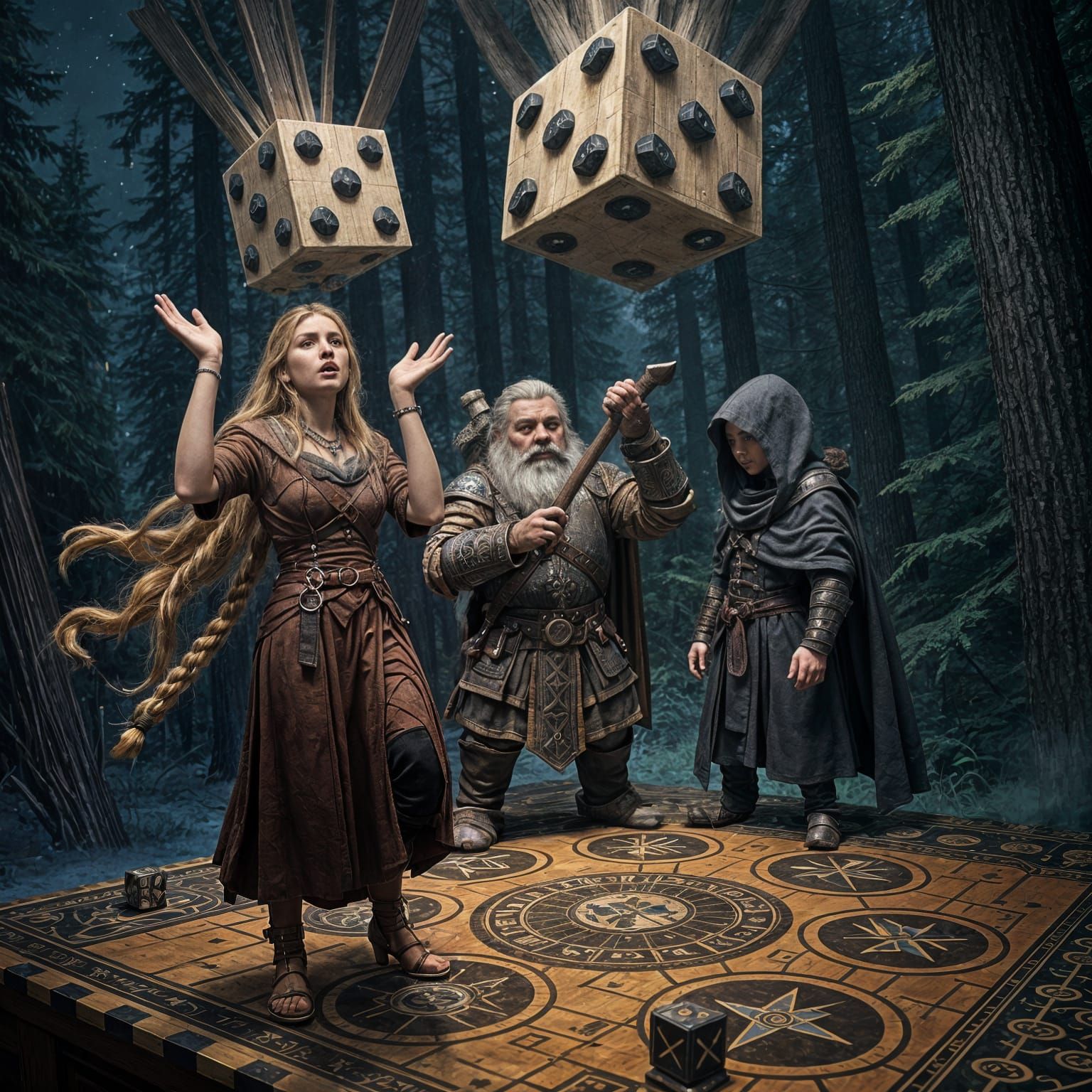Fantasy Characters Gaze Up at Falling Dice on Epic RPG Board