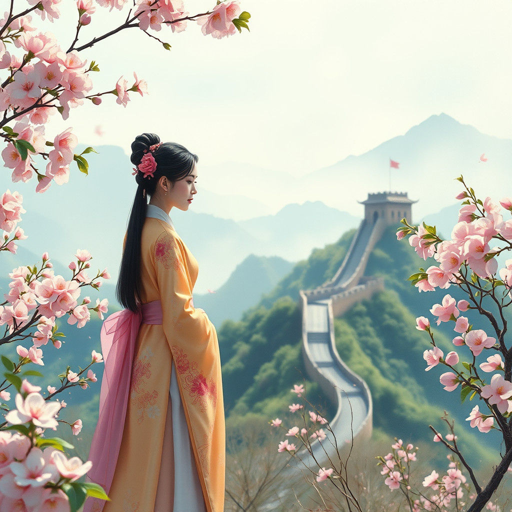 Plum Blossoms and Great Wall in Gouache Style