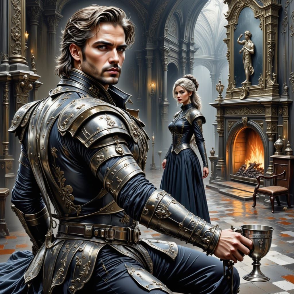 Steampunk Knight in Hall with Collage and Watercolor Effects