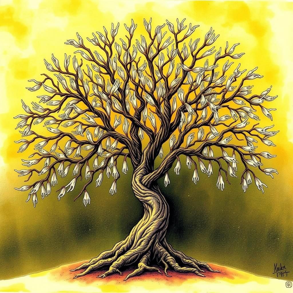 Surreal Tree with Ethereal Hands in Alcohol Ink Art