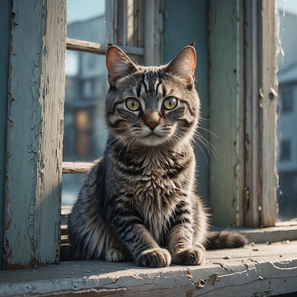 Detailed Cat Portrait at Window in Cool Colors