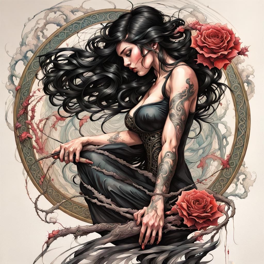 Goth Girl with Rose Whip in Art Nouveau Style