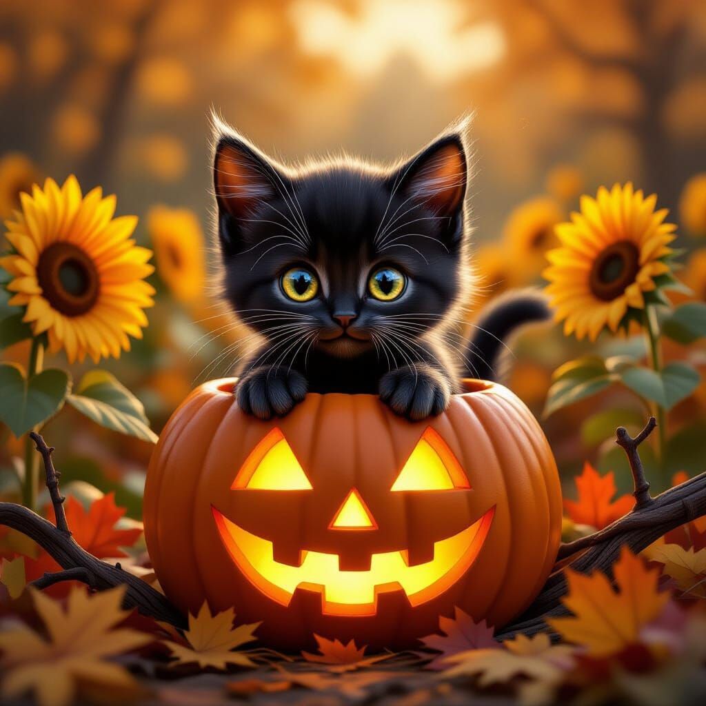 A curious black kitten peeks out from inside a carved jack-o...