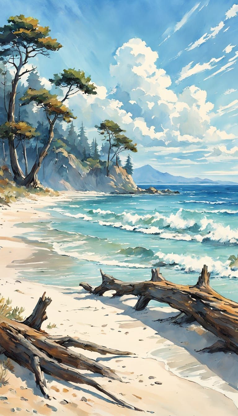 Golden Beach Scene in Impressionist Style