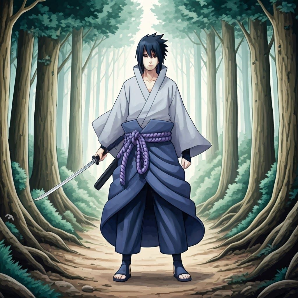 Manga Style Sasuke Uchiha in White Kimono, Wielding Katana i...