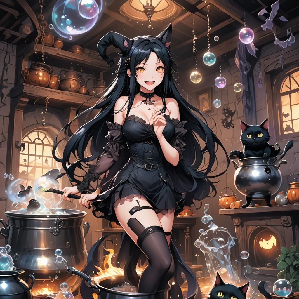 Anime Witch with Cat in Haunted House