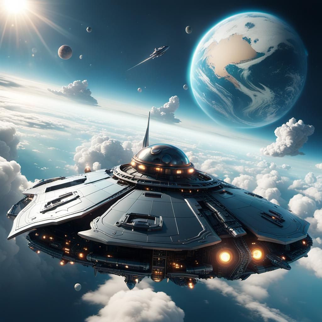 Manta Ray Spaceship Orbiting Planet in Sci-Fi Style