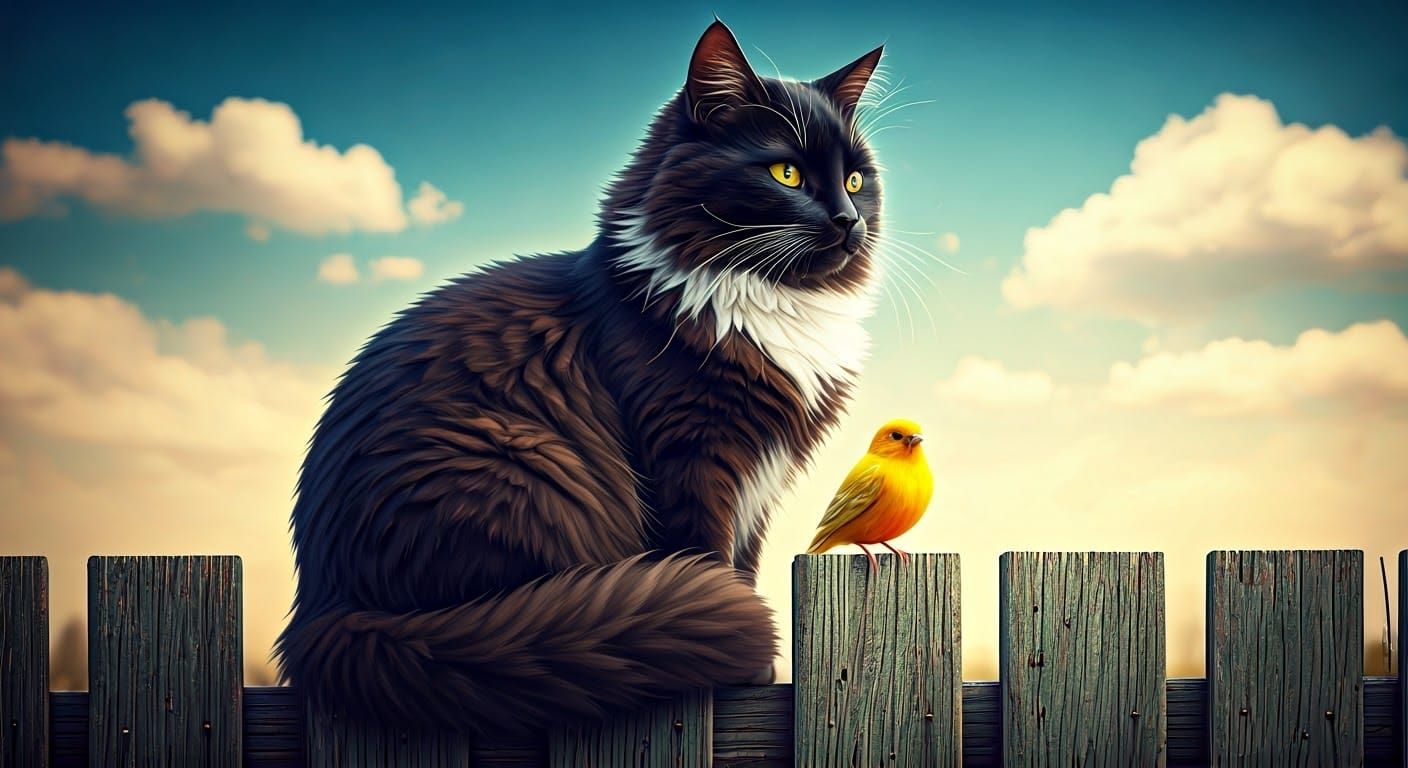 Regal Cat and Canary in Hyperrealistic Splash Art
