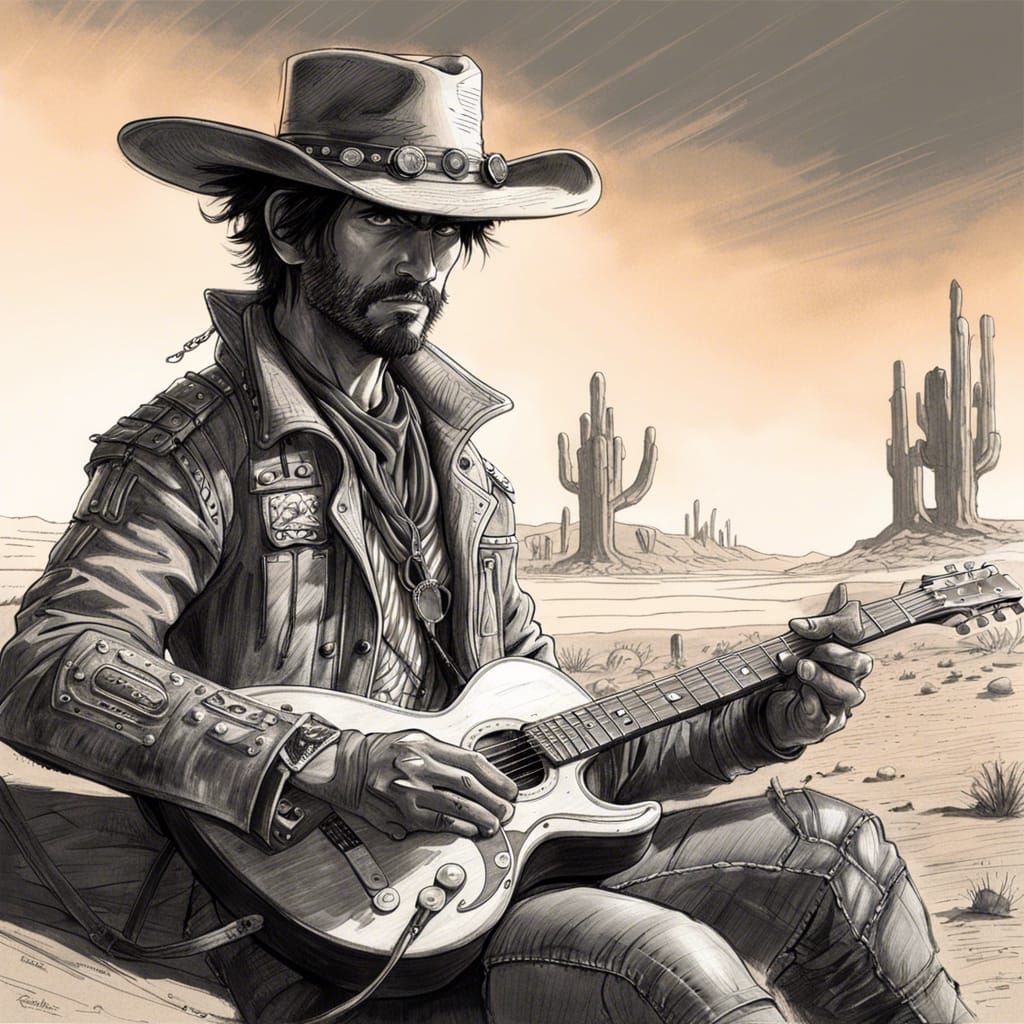 Post-Apocalyptic Cowboy Plays Guitar: Pencil Sketch Art