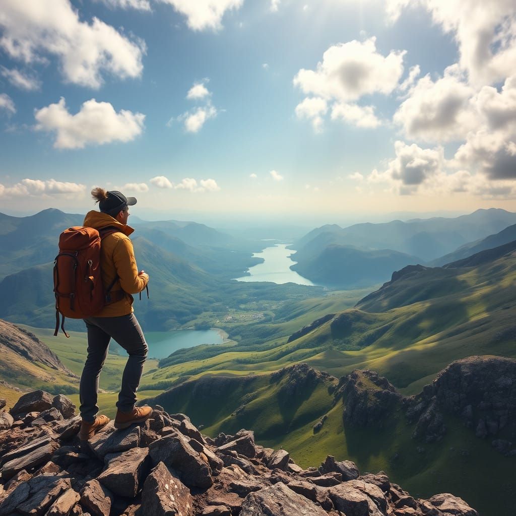 Lone Hiker in Snowdonia National Park, Wales, in Ethereal La...