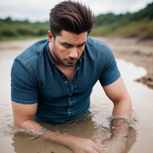 Man in Jeans Sinking in Quicksand: Sharp Focus Photography