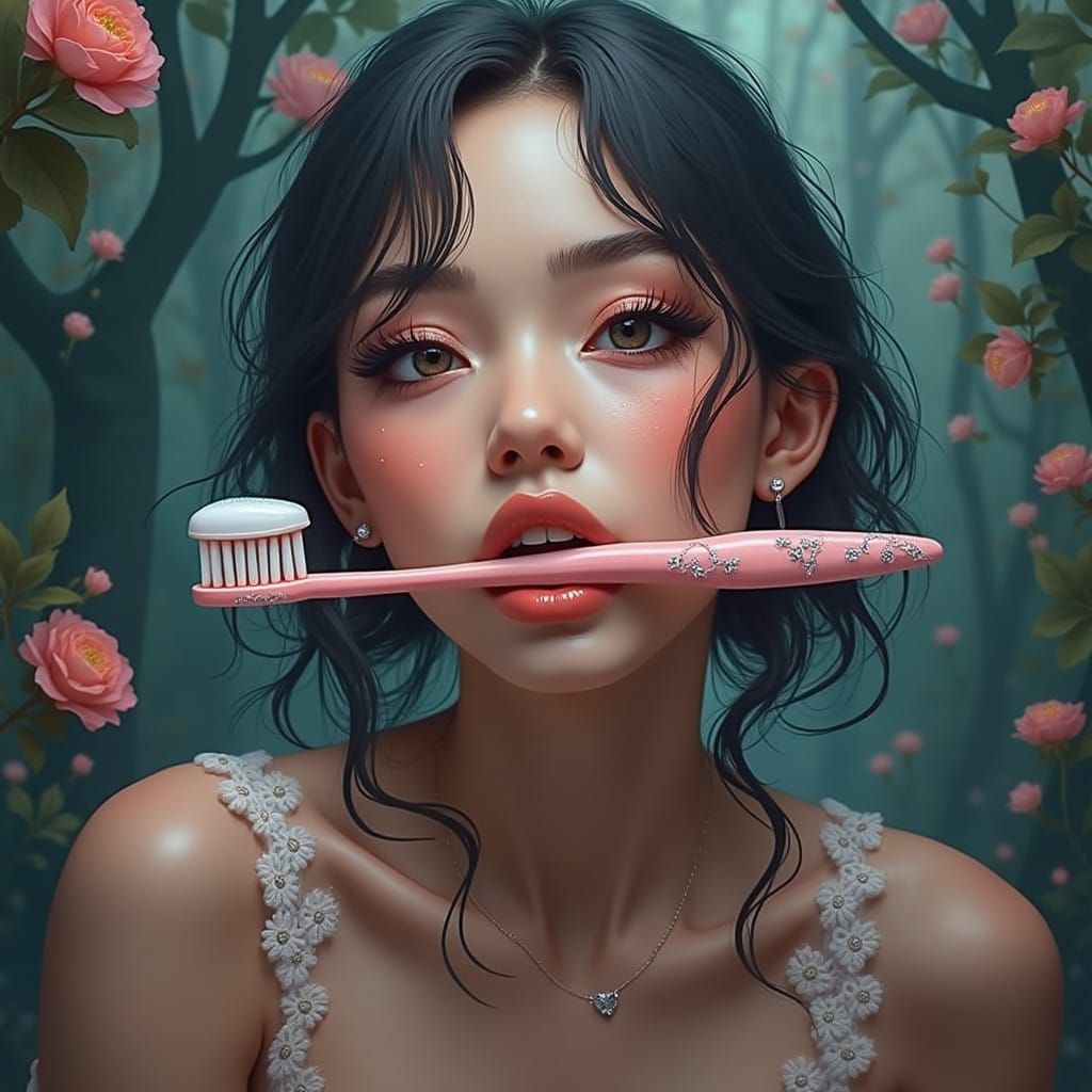 Elegant Fantasy Woman with Whimsical Toothbrush