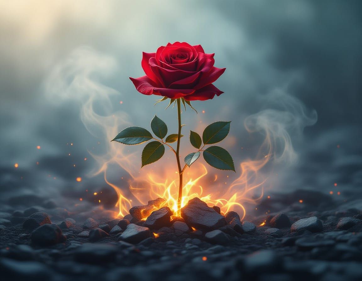 Red Rose Blooming from Ashes in Cinematic Style