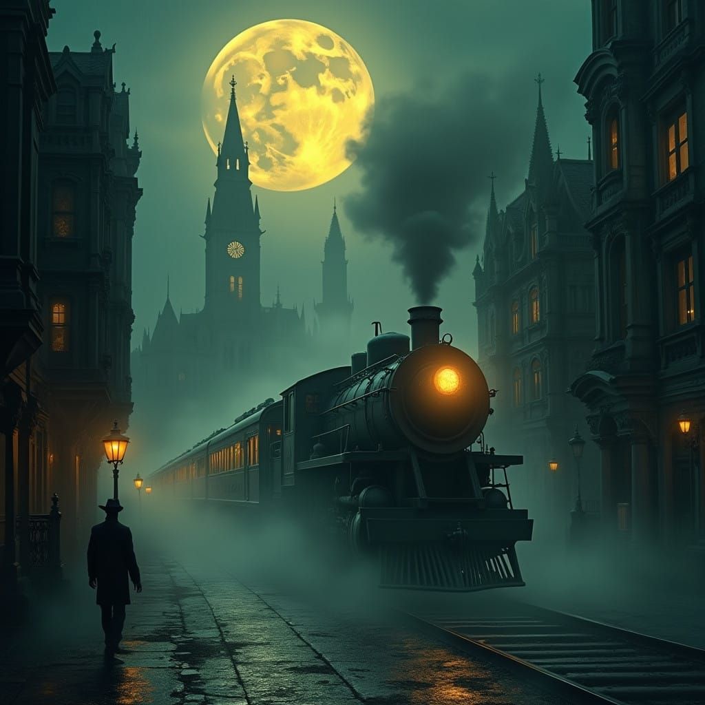 Ethereal Ghost Train in Gothic Cityscape