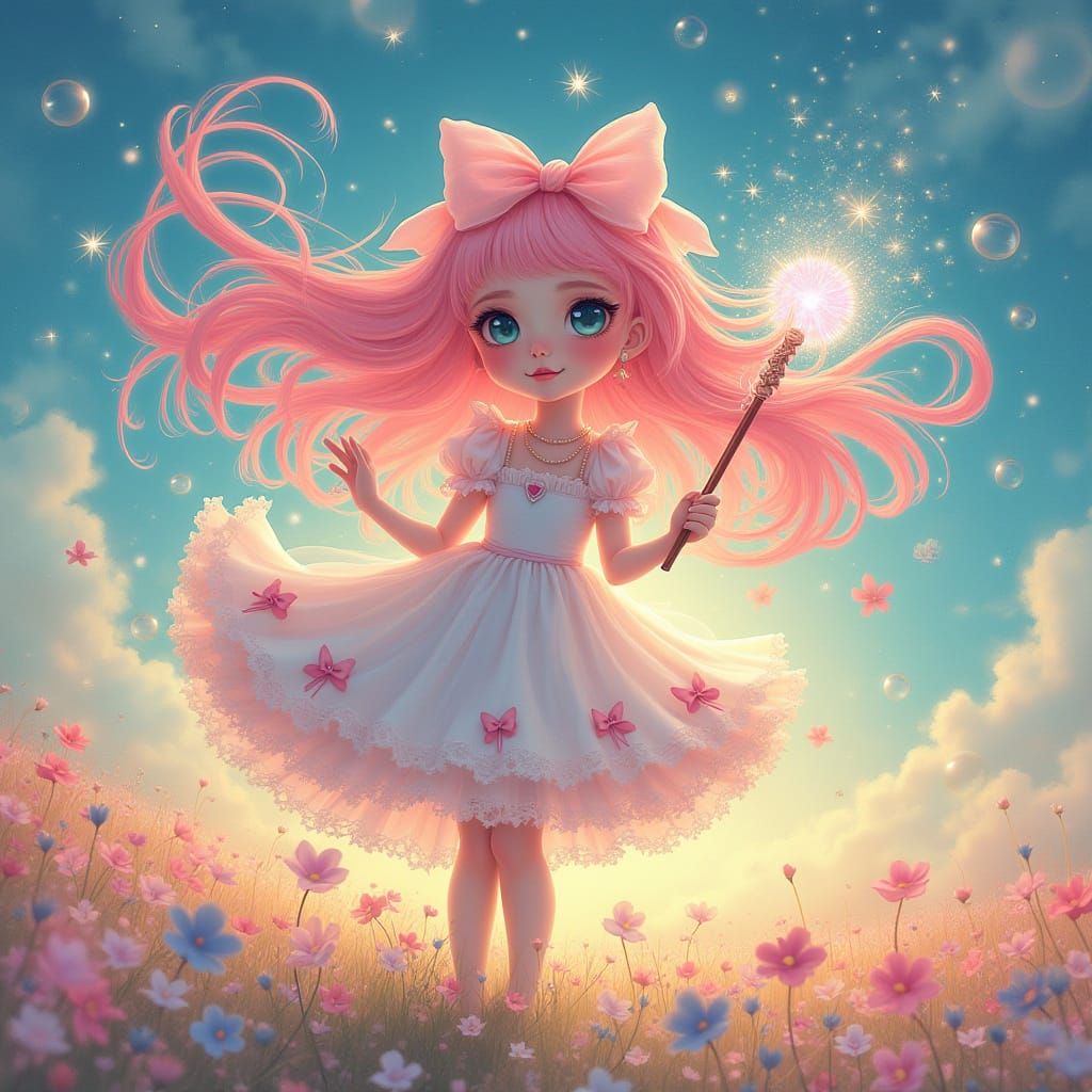 Magical Girl in Art Nouveau Field of Flowers