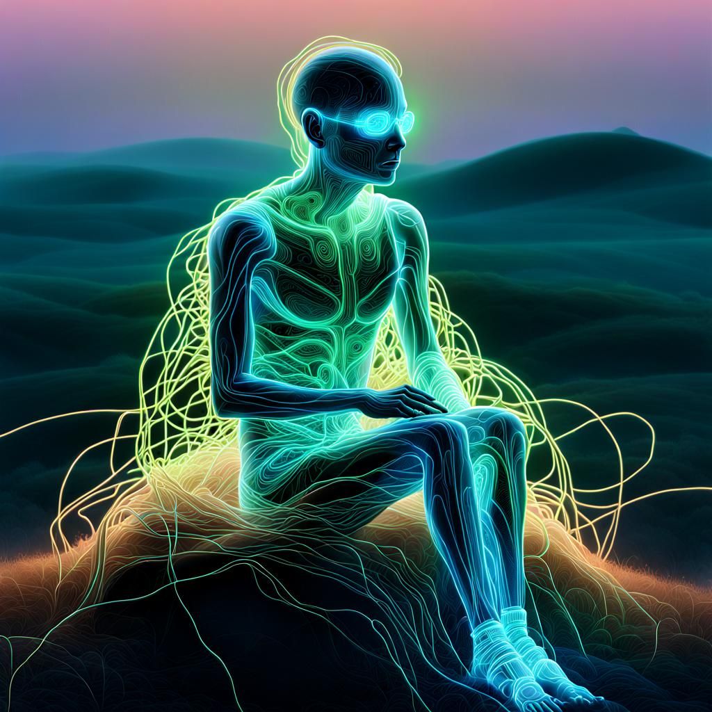 Figure of Microchips on Moonlit Hill: Surreal Digital Art