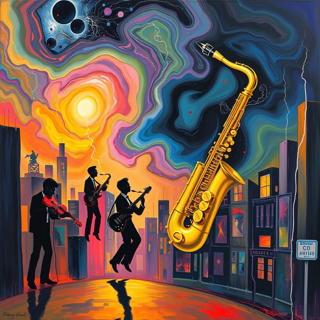 Saxophone in Vibrant, Surreal Cityscape