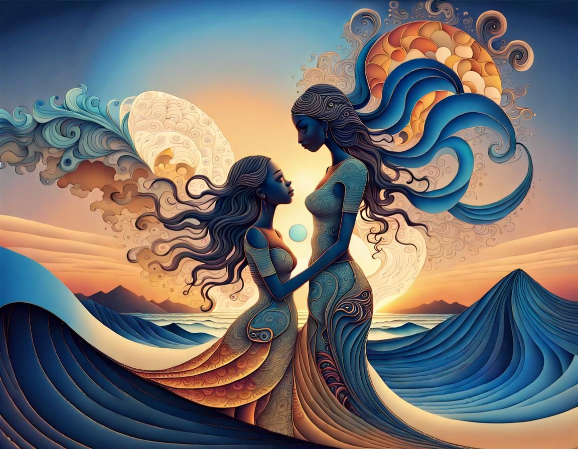 Couple on Sunset Backdrop in Art Brut Style