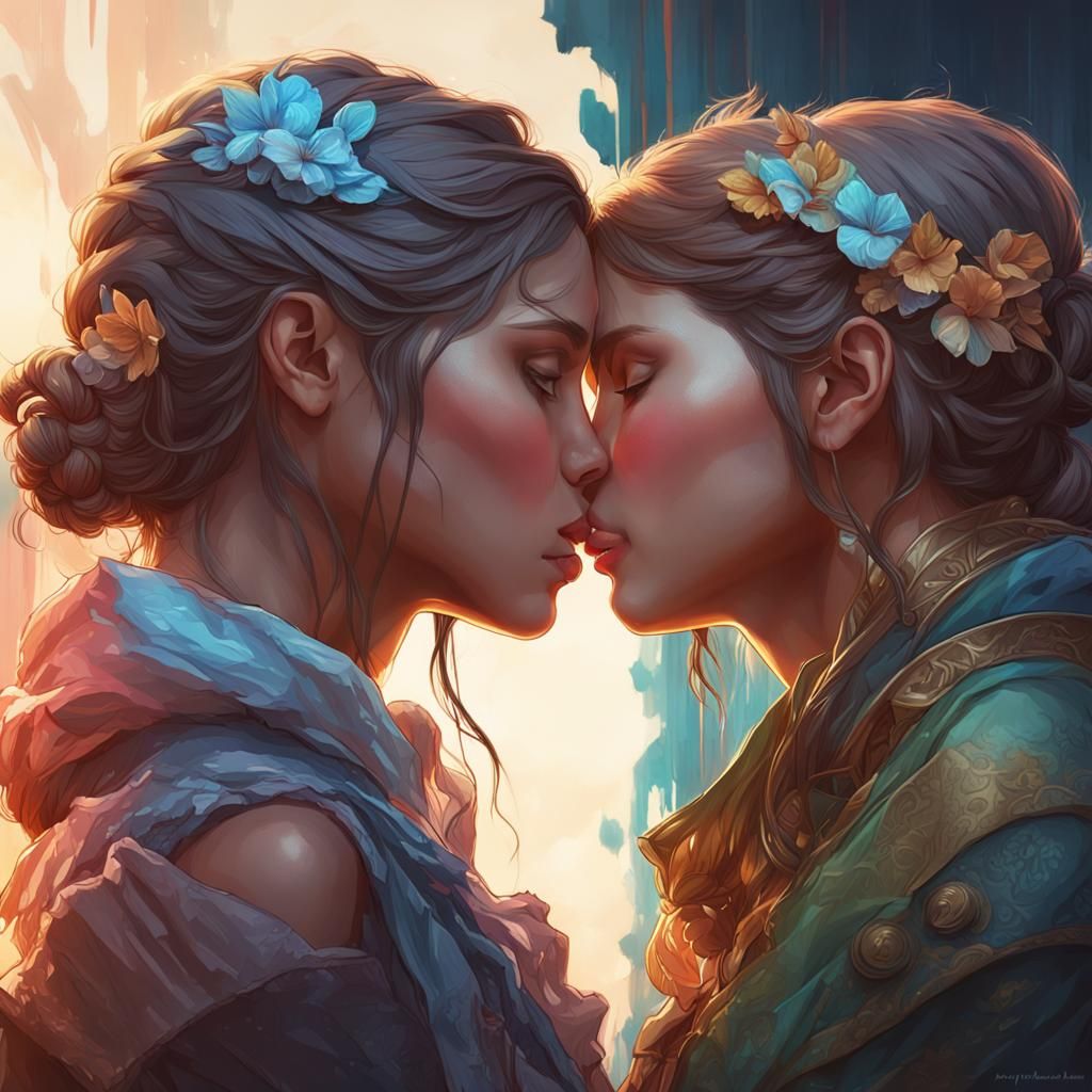 Two Girls Kissing: Hyperdetailed Concept Art Portrait